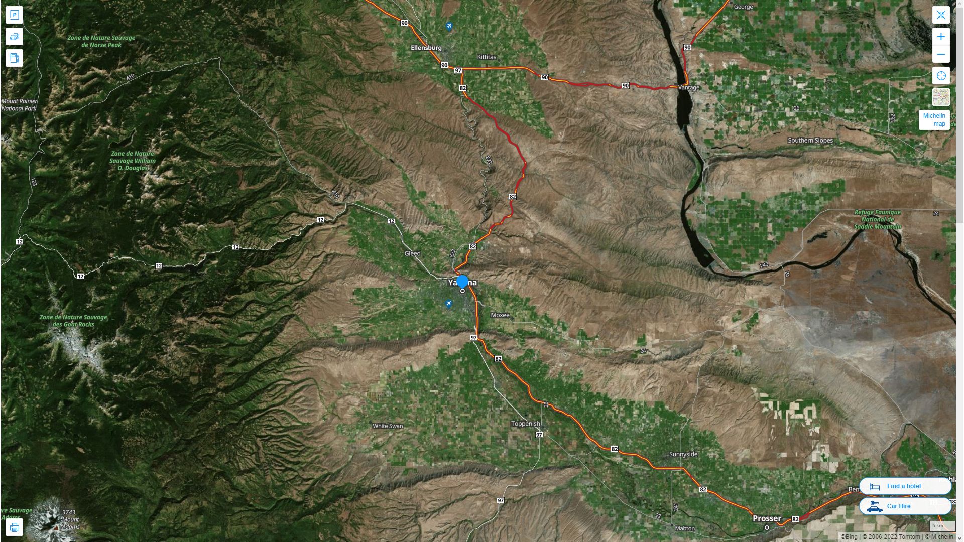 Yakima Washington Highway and Road Map with Satellite View
